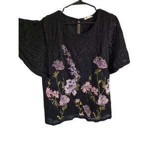 Entro Boho Black Lace Floral Embroidered Flutter Sleeve Blouse Top Large L